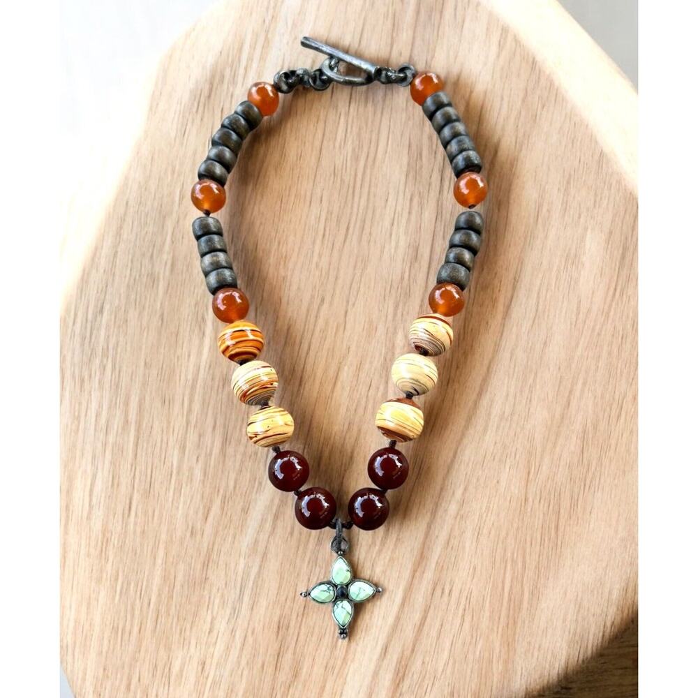 Lucky Brand Maltese Cross Pendant Necklace Carnelian Beads